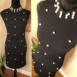 INA Black Shift Dress with faux White Pearls Small
